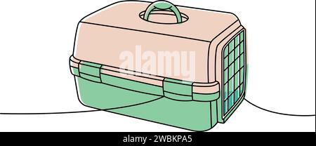 Tragetasche, Käfig, PET-Box, einzeilige durchgehende Zeichnung. Tierzubehör, Tierspielzeug liefert durchgehende einzeilige Illustration. Stock Vektor