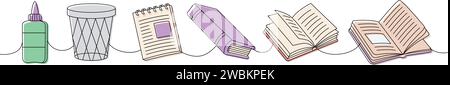 Schulbedarf. Zurück in die Schule, einzeilige, durchgehende Zeichnung. Geöffnete und geschlossene Bücher, Klebeflasche, Mülleimer, Notizbuch eine Zeile Illustration. Stock Vektor