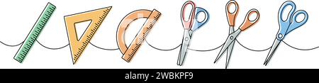Set mit Schulmaterial. Zurück in die Schule, einzeilige, durchgehende Zeichnung. Schere, Lineal, Winkelmesser und Dreiecklineal, Messwerkzeug Stock Vektor