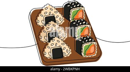 Asiatisches Essen Sushi, Sushi-Gericht, einzeilige durchgehende Zeichnung. Japanische Küche, traditionelles Essen durchgehende einzeilige Illustration. Stock Vektor