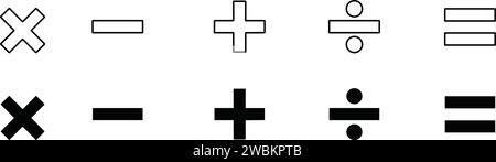 Mathematische Symbole. Mathematische Minuspunkte plus gleiche Multiplikation, Vektorillustration für Division. Addition, Subtraktion. Stock Vektor