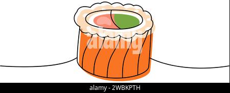 Philadelphia Sushi-Rolle, einzeilige durchgehende Zeichnung. Japanische Küche, traditionelles Essen durchgehende einzeilige Illustration. Stock Vektor