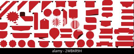 Satz leerer Verkaufsetiketten und Etiketten. Einkaufsaufkleber und Abzeichen Vektor-Mockup. Beste Wahl, jetzt bestellen, Sonderangebot, neue und große Werbebanner. Rot ri Stock Vektor