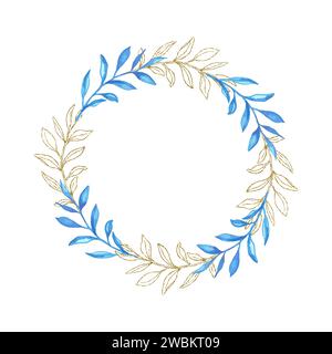 Eukalyptuslinie Kunst, goldener Glitzer und blauer Aquarellblätter Kreis Rahmen Kranz für Karte oder Einladung, Vektor Illustration, isolieren auf weißem Hintergrund Stock Vektor