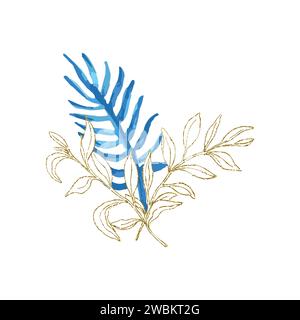 Botanisches Blumenstrauß mit Glitzerstrichen und Aquarellblättern für die Gestaltung von Karten oder Einladungen. Vektor-Blumenabbildung, isolieren auf weißem Hintergrund. Stock Vektor