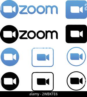 Zoom App-Logo festgelegt. Anwendung für Videokommunikation mit Cloud-Plattform für Video- und Audiokonferenzen, Chat und Webinar. Blaues Kamerasymbol. soc Stock Vektor