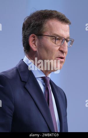 Madrid, Spanien. Januar 2024. Der Vorsitzende der PP, Alberto Nuñez Feijoo, während einer Pressekonferenz am 11. Januar 2024 im Parteihauptsitz in der Genova-Straße in Madrid, Spanien. (Foto: Oscar Gonzalez/SIPA USA) (Foto: Oscar Gonzalez/SIPA USA) Credit: SIPA USA/Alamy Live News Stockfoto