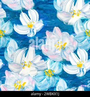 Nahtloses Muster der abstrakten Malerei weiße Blumen, Original handgezeichnet, Impressionismus Stil, Farbtextur, Pinselstriche von Farbe, Kunsthintergrund. Stockfoto