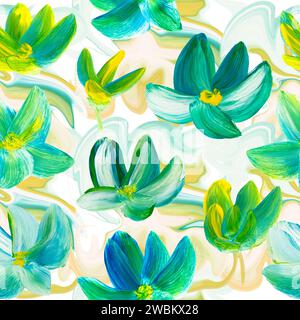 Nahtloses Muster aus abstrakten Blumen, Kunstmalerei, kreativer, handgemalter Hintergrund, Pinselstruktur, Acrylmalerei auf Leinwand. Moderne Kunst. Verächtlich Stockfoto
