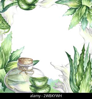 Der Rahmen besteht aus Aloe Vera. Zerquetschte Stücke und Aloe Vera Gel. Handgemalt mit Aquarellen. Für Etiketten und Verpackungen von Kosmetik, Parfüm und m Stockfoto