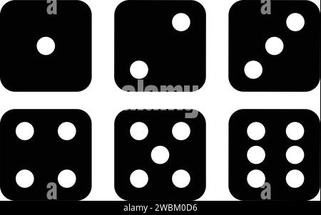 Würfel spielen. Set der Ludo-Spielwürfelsammlung. Würfel in einem flachen Design von eins bis sechs. Monochrome Würfel Vektor-Illustration Stock Vektor