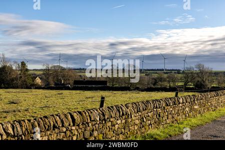 Panoramablick auf die Yorkshire Dales mit Windenergiefarm, North Yorkshire, England, Großbritannien Stockfoto