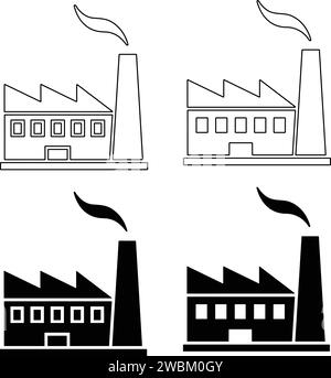 Werkseitige Symboleinstellung. Vektor-Piktogramm für Industriegebäude. Schwarze Silhouetten und Fertigungslinie. Enthält Symbole wie Truck Terminal, Power Sta Stock Vektor