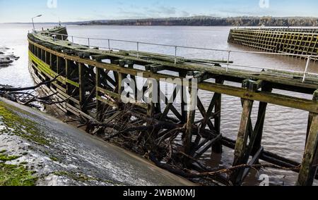 Eintritt zu den alten Sharpness Docks mit angespülten Trümmern von Stürmen, Gloucestershire, Großbritannien Stockfoto