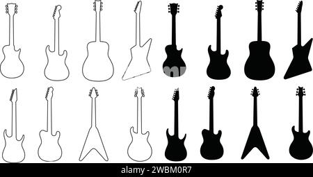 Schwarze Flat- und Line-Gitarren-Kollektion. Akustische und elektrische Gitarren Musikinstrumente Vector Silhouette Gitarren Doodle Set. Stock Vektor