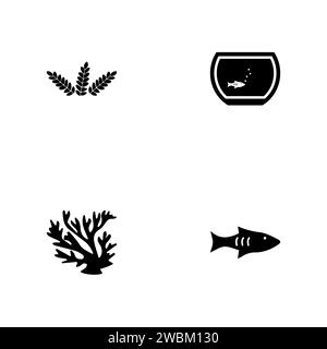 Aquarienbewohner. Eine Gruppe von schwarzen vier durchgehenden Symbolen, die auf weißem Hintergrund isoliert sind. Stock Vektor