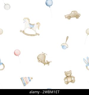 Babyspielzeug nahtloses Muster mit Aquarellfarben. Hintergrund für Babytextilien oder kindliches Geschenkpapier. Kinderschmuck mit Schaukelpferd, Teddybär und Ballons. Handgezeichnete Abbildung. Stockfoto