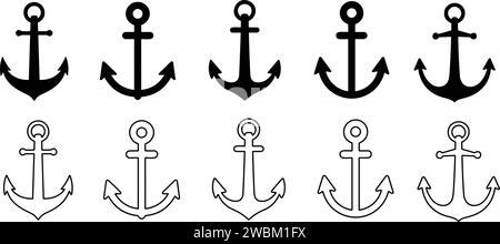 Symbole für Anker festgelegt. Anker im Meer. Nautisches Symbol. Einfache Ankersammlung flache Linie - Stock Vektor Stock Vektor