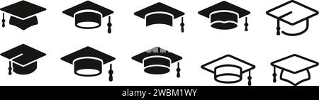 Set mit Symbolen für die Graduierung der Hut-Kappe. Akademische Obergrenze. Abschlussschüler schwarze Kappe und Diplom - Stock Vektor. Schwarze Kappe an der universität oder am College Stock Vektor