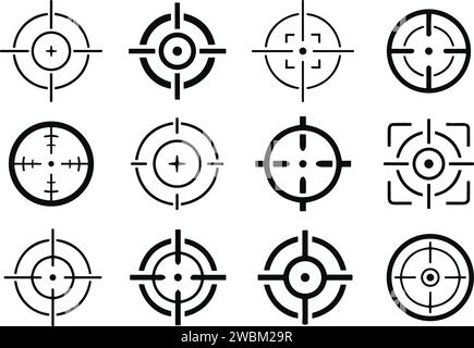 Unterschiedliche Symbolgruppe von Zielen und Zielen. Zielsetzung und Zielsetzung, Zielsetzung und Zielsetzung. Fadenkreuz, Pistolensichtvektorsymbole. Bullseye, schwarzes Ziel oder Ziel Stock Vektor