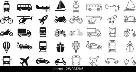 Symbolgruppe „Transport“ oder „Transport“. Mit Auto, Fahrrad, Flugzeug, Zug, Fahrrad, Motorrad, Bus und Roller, Traktor und Elektrofahrzeug, Schiff oder F Stock Vektor