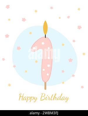 „Süße, alles Gute zum Geburtstag“-Karte. Vektorillustration einer Kerze für einen Kuchen in Form der Zahl 1. Stock Vektor