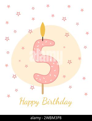 „Süße, alles Gute zum Geburtstag“-Karte. Vektor-Illustration einer Kerze für einen Kuchen in Form der Zahl 5. Stock Vektor