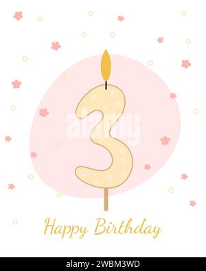„Süße, alles Gute zum Geburtstag“-Karte. Vektorillustration einer Kerze für einen Kuchen in Form der Zahl 3. Stock Vektor