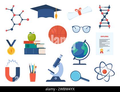 Schule, Wissenschaft, Bildung, Abschlussfeier. Mikroskop, Atom, Bücher, Graduierungskappe, Kugel, Magnet, Gläser, goldene Tasse, DNA, Medaille, Diplom. Vektor Stock Vektor