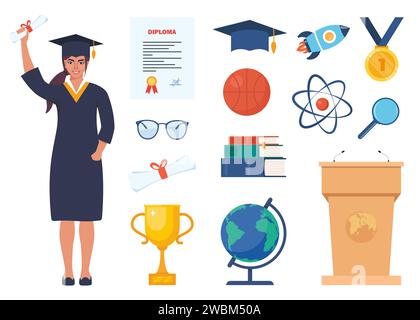 Schule, Wissenschaft, Bildung, Abschlussfeier. Mikroskop, Atom, Bücher, Graduierungskappe, Kugel, Magnet, Gläser, goldene Tasse, DNA, Medaille, Diplom. Vektor Stock Vektor