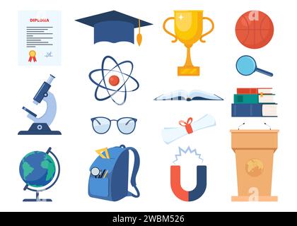 Schule, Wissenschaft, Bildung, Abschlussfeier. Mikroskop, Atom, Bücher, Graduierungskappe, Kugel, Magnet, Gläser, goldene Tasse, DNA, Medaille, Diplom. Vektor Stock Vektor