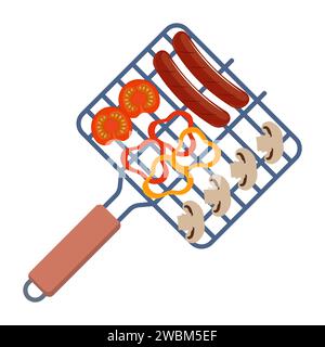 Grillrost mit Würstchen, Gemüse, Pilzen. Gerät zum Grillen von Speisen. Draufsicht. Vektorabbildung Stock Vektor