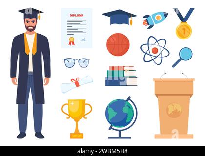Schule, Wissenschaft, Bildung, Abschlussfeier. Mikroskop, Atom, Bücher, Graduierungskappe, Kugel, Magnet, Gläser, goldene Tasse, DNA, Medaille, Diplom. Vektor Stock Vektor