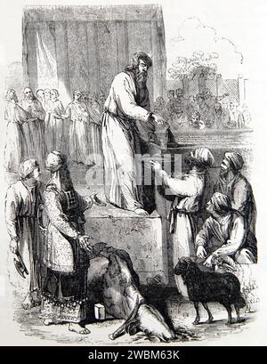 Holzgravur von Moses, die Aaron an der Tür des Tabernakels weiht, aus dem Gemälde von Hoet in der illustrierten Familienbibel Stockfoto