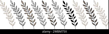 Set aus Blumenzweig mit Blättern. Vektor-handgezeichnete Linie Illustration, minimalistische Blätter für Logo oder Tattoo, Druck, Cover oder Tapete. Silhouette Stock Vektor