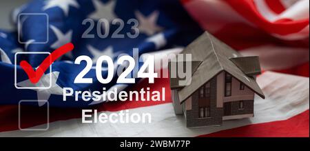 2024 Stimmen, Präsidentschaftswahlen, Geld und Text. Stockfoto