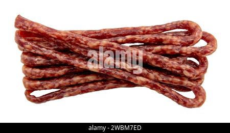 Geräucherte Wurst isoliert auf weißem Hintergrund. Würstchen Stockfoto