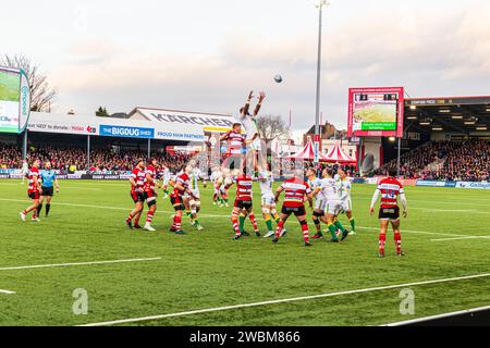 Das Spiel gegen Northampton am 12/2023 im Kingsholm Stadium, Heimstadion von Gloucester Rugby, Gloucester, England Großbritannien Stockfoto