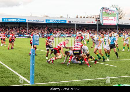 Das Spiel gegen Northampton am 12/2023 im Kingsholm Stadium, Heimstadion von Gloucester Rugby, Gloucester, England Großbritannien Stockfoto