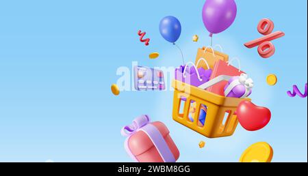 3D-Einkaufskorb aus Kunststoff mit Geschenkboxen und Tasche Stock Vektor