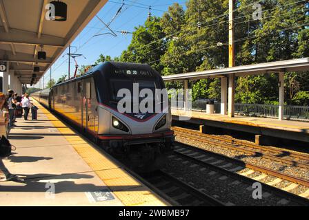 Ein Foto eines Amtrak-Regionalzuges Northeast am BWI-Bahnhof. Stockfoto