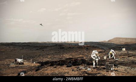 Diese Abbildung zeigt NASA-Astronauten, die auf der Mars-Oberfläche arbeiten. Ein Hubschrauber ähnlich dem Ingenuity Mars Helicopter ist links in der Luft. An Bord des Perseverance rover wird erfindungsreichtum mitgebracht. Er wird in den Wochen nach der Landung auf der Marsoberfläche eingesetzt, um zu testen, ob zukünftige Hubschrauber Roboter- und menschliche Missionen begleiten könnten. Stockfoto