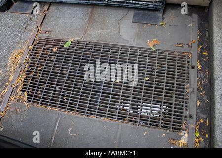 Nahaufnahme eines Metallgitters im Straßenbelag mit Roststellen und Schmutzansammlungen sichtbar Stockfoto