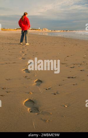 Fußabdrücke auf Strand, Hampton Beach State Park, New Hampshire Stockfoto