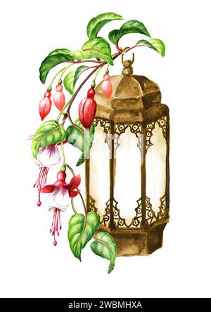 Fuchsia-Blütenzweig und alte Laterne. Handgezeichnete Aquarellillustration isoliert auf weißem Hintergrund Stockfoto