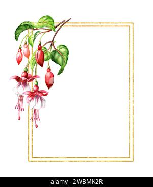 Fuchsia Blumenzweig, speichern Sie die Datumskarte, handgezeichnete Aquarellillustration, isoliert auf weißem Hintergrund Stockfoto
