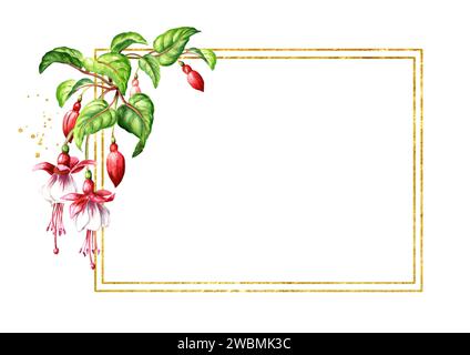 Fuchsia Blumenzweig, speichern Sie die Datumskarte, handgezeichnete Aquarellillustration, isoliert auf weißem Hintergrund Stockfoto