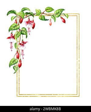 Fuchsia Blumenzweig, speichern Sie die Dattelkarte,... Handgezeichnete Aquarellillustration, isoliert auf weißem Hintergrund Stockfoto