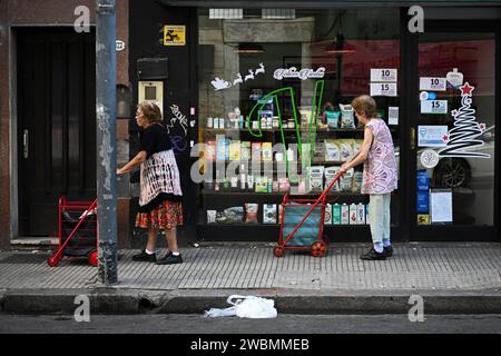 Buenos Aires, Argentinien. Januar 2024. Rentner laufen mit ihren Einkaufswagen durch die Straßen. Die Lebensmittelpreise stiegen im Dezember 2023 in der argentinischen Hauptstadt um 20 Prozent. Kredit: Martin Cossarini//dpa/Alamy Live News Stockfoto