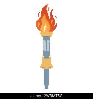 Pixel flammende Taschenlampe. Cartoon-Taschenlampe mit Flamme. Brennendes Feuer oder Flamme. Sportfeuerzeichen. Wettkämpfe, Sport-, Champion-, Sportspiel- oder Freiheitsfackeln mit Flammensymbol. Stock Vektor